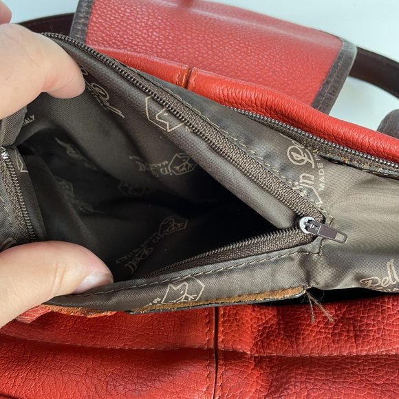 VALENTINA Double Strap Soft Red Brown Leather Zipper Pouch Pockets Gold Hardware - Picture 10 of 16